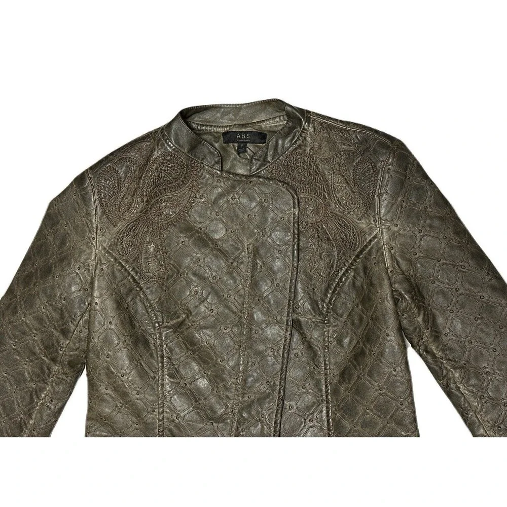 NEW Allen Schwartz Womens Small Lattice Embroidered Brown Faux Leather Jacket